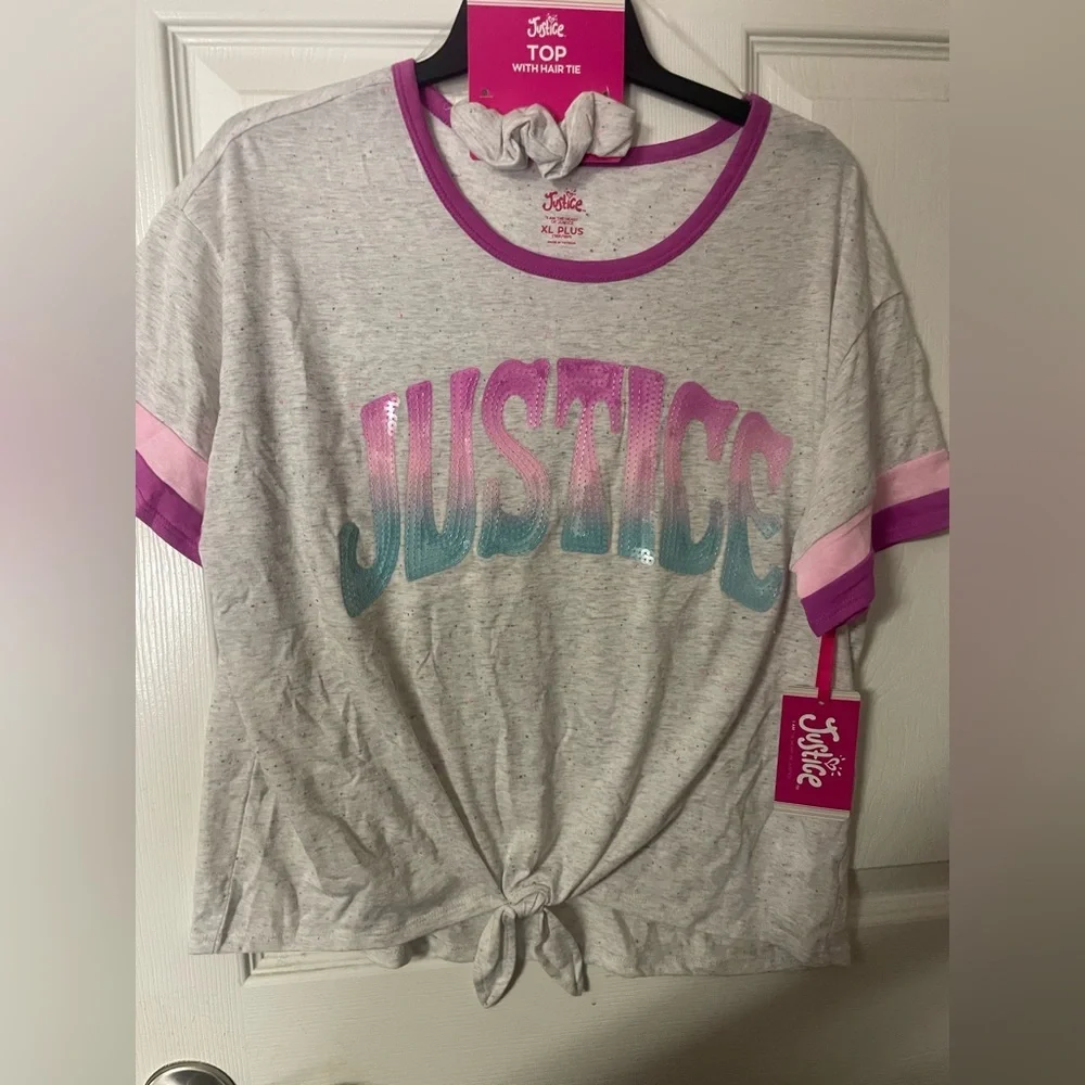 🔴 3/$12 Justice Gray and Pink Tie-Front T-Shirt‎ with Hair Tie! NWT!